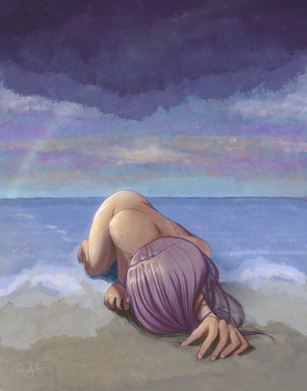 Ashore - artwork of girl washed up on beach with a rainbow and dark clouds