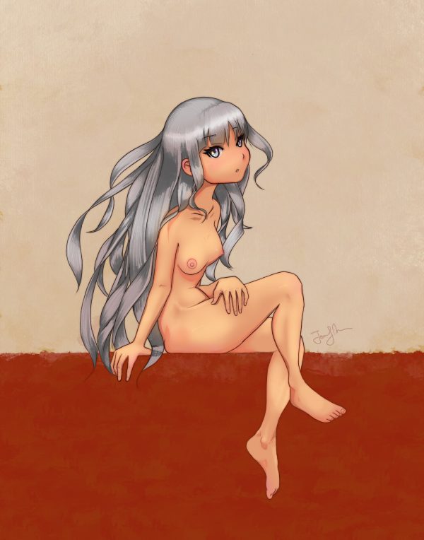 Blood Bath - NSFW anime art - naked manga girl with silver hair