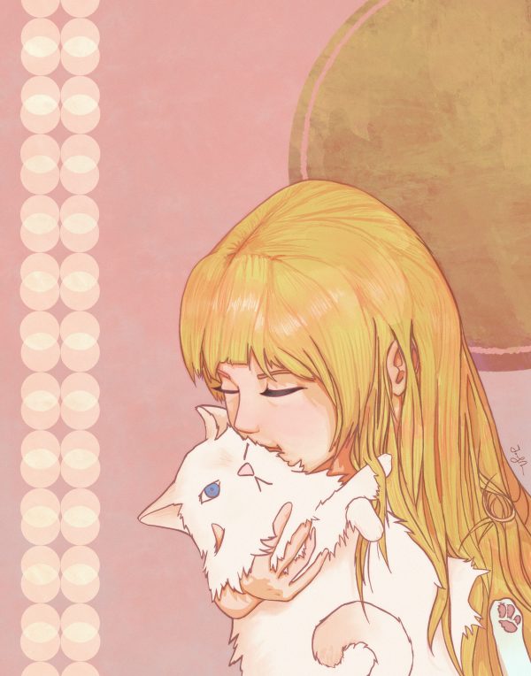Momo-San by James Makan. Digital painting of a girl kissing a white cat