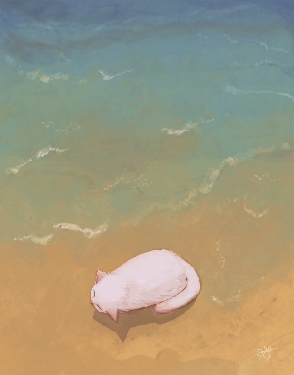 Momo-San: Beach Adventure by James Makan, digital artwork cat laying on the beach
