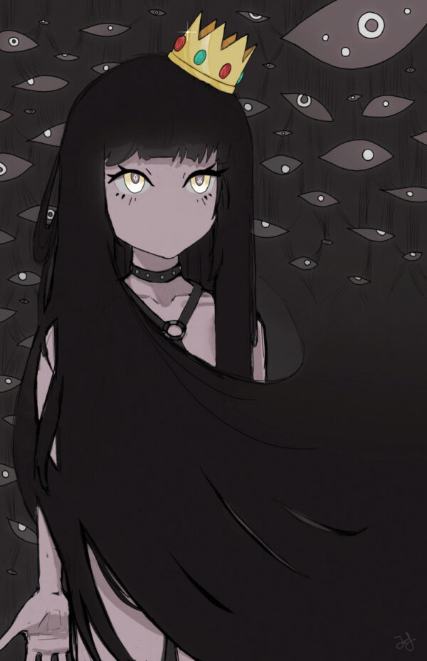 dark anime art of a goth girl with long black hair and creepy eyes in the background